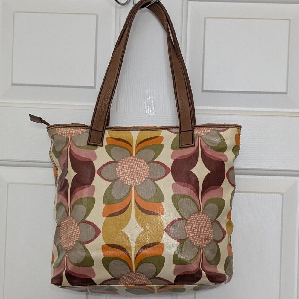 Vintage Fossil KeyPer Vibrant Floral Coated Canvas and Brown Leather Tote Should - Picture 5 of 16